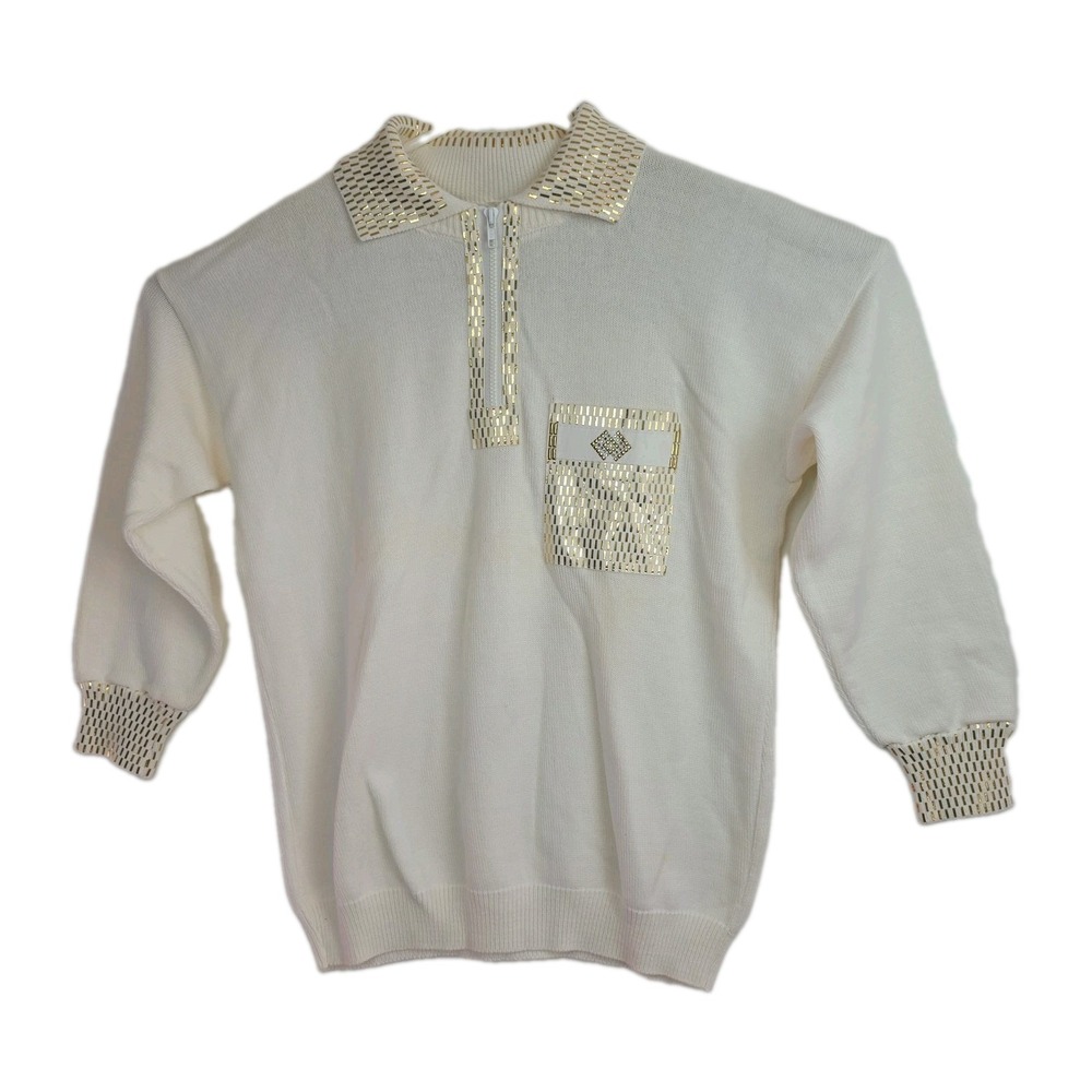 Vintage Mardel Sweater Womens XL Ivory Gold Embellished 1/4 Zip 90s Knit